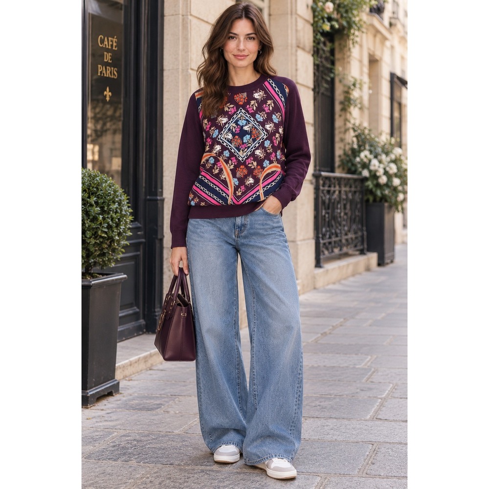 Ann Taylor Medium Purple Scarf Chain Print Floral Mixed Media Sweater Crewneck